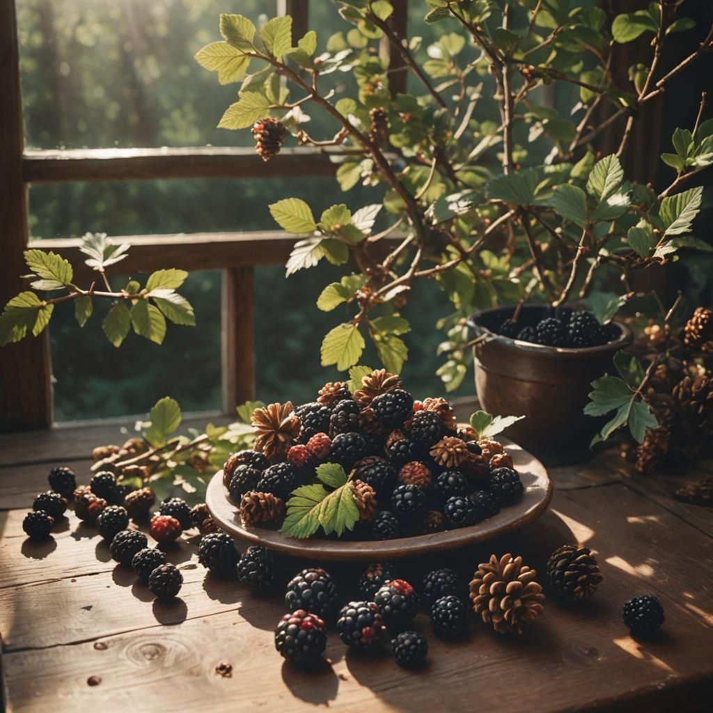 Blackberries and Pinecones on Rustic Table, Cinematic