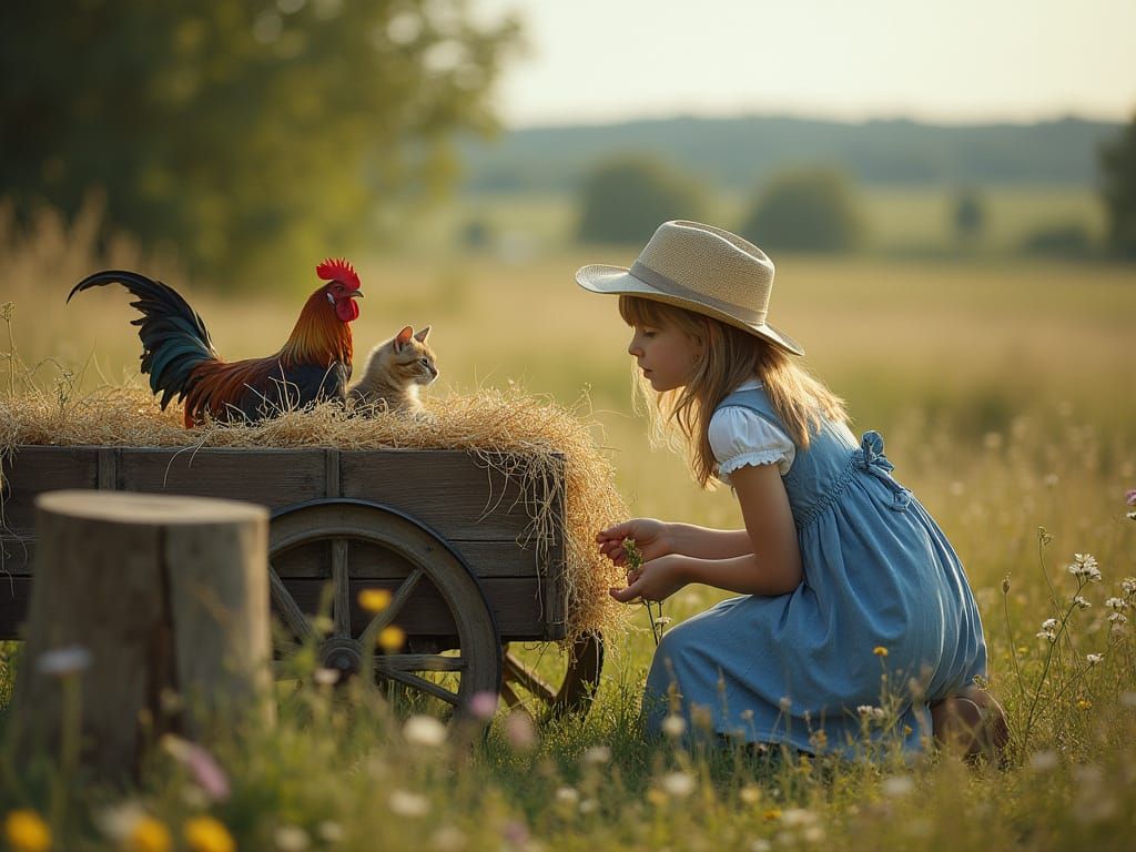Farmer Girl Gathers Wildflowers with Cats and Rooster