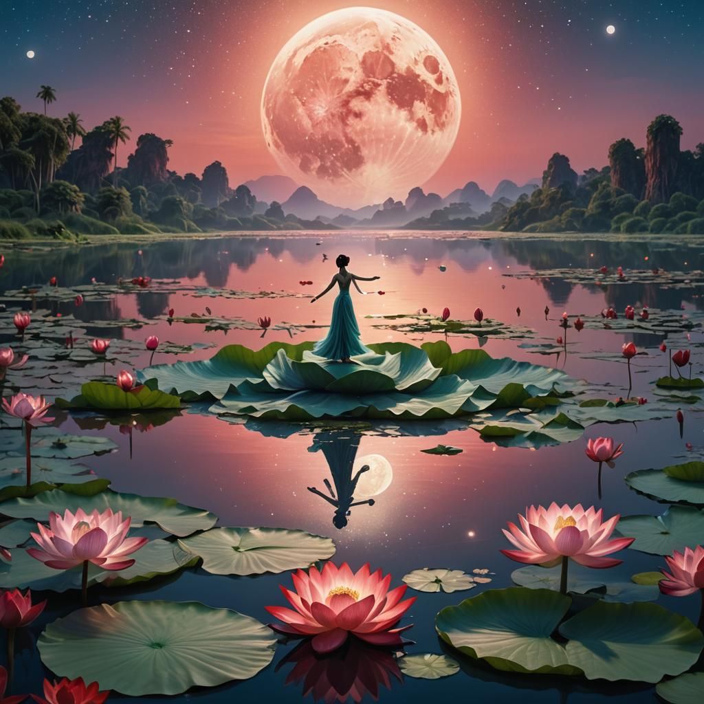 Figure Dancing on Lotus Leaf in Tranquil Lake