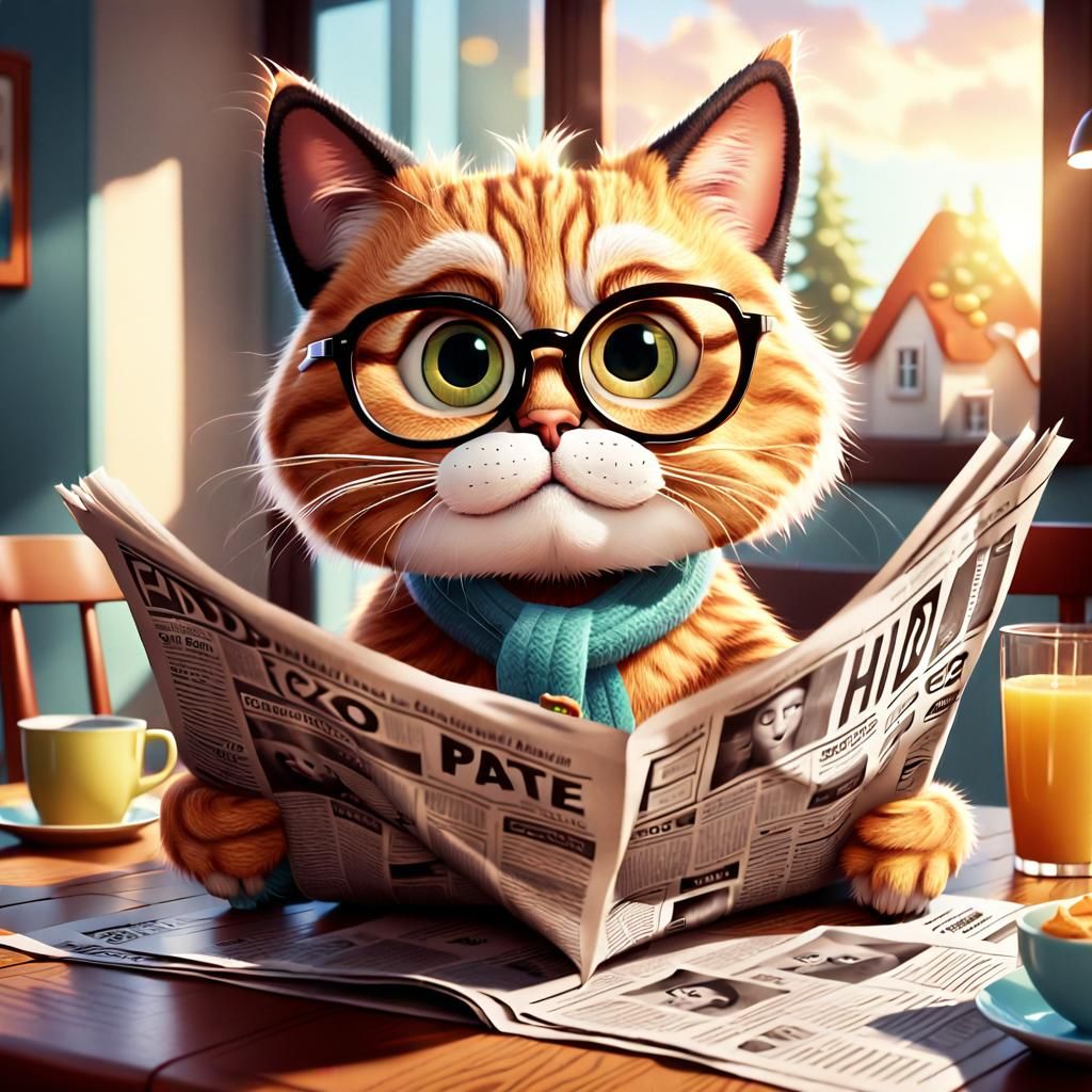 Adorable Cartoon Cat Reads Newspaper at Breakfast