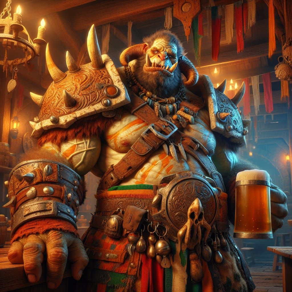 Friendly Ogre Barbarian in a Lively Tavern