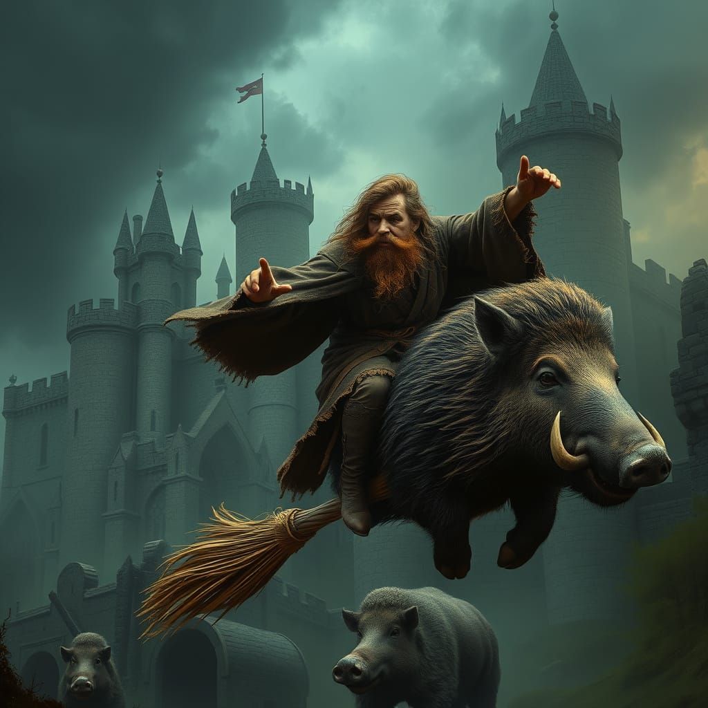 Wizard and Boar Flying Over Medieval Castle
