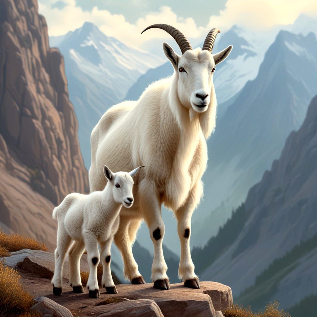 Mountain Goat Family in Majestic Mountain Scenery