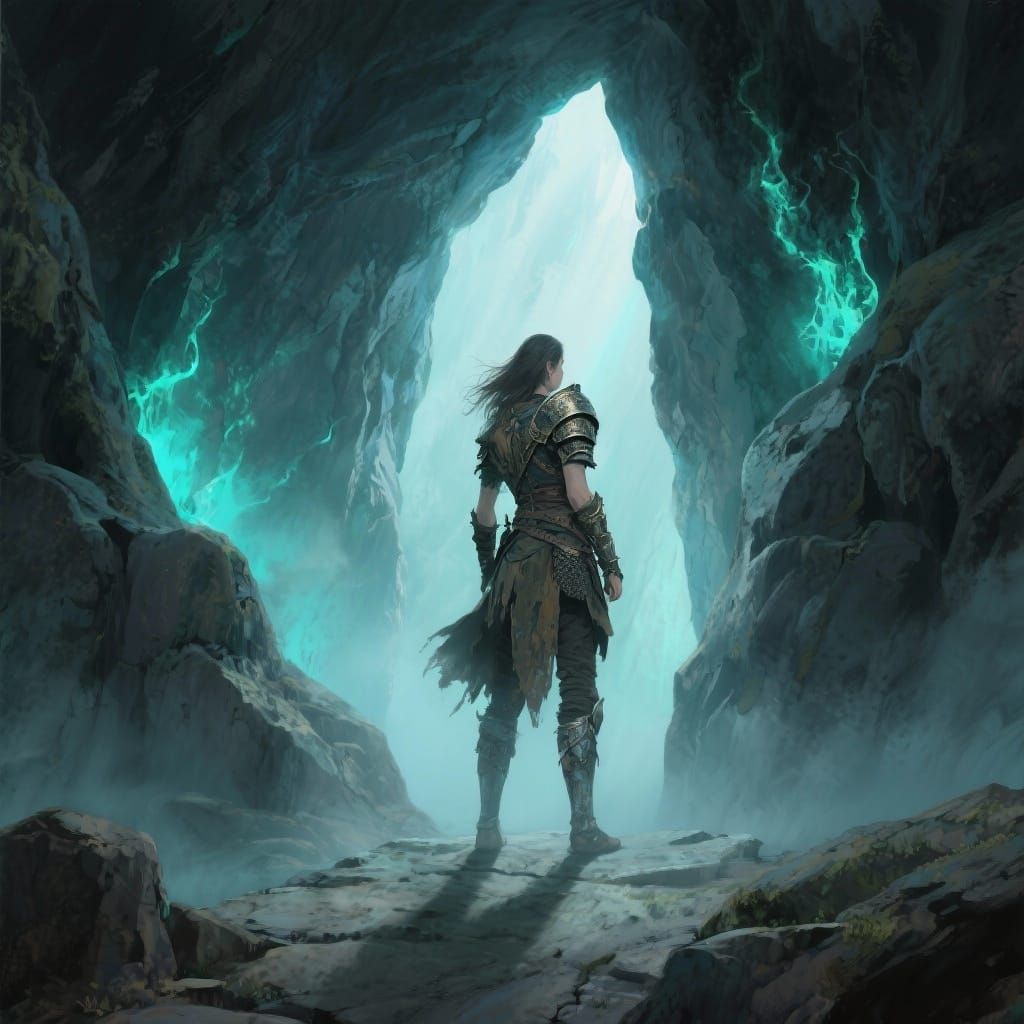 Female Warrior at Bioluminescent Cave Entrance