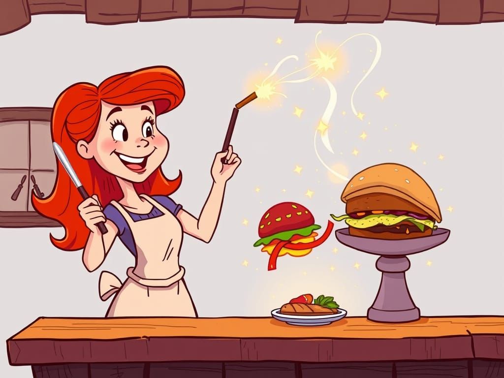 Redhead Woman Conjures Dinner With Magic Wand