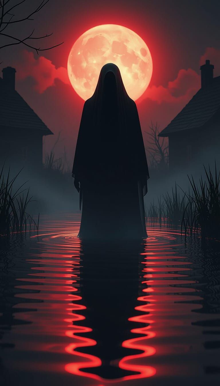 Ghostly Silhouette Rises From Pond in Cinematic Horror Style