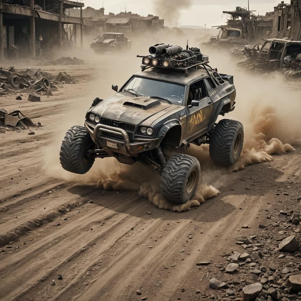 In a high-speed Mad Max style intensity, a chibi Car is racing in a Rally shaped tank with treads, furious expression, c...