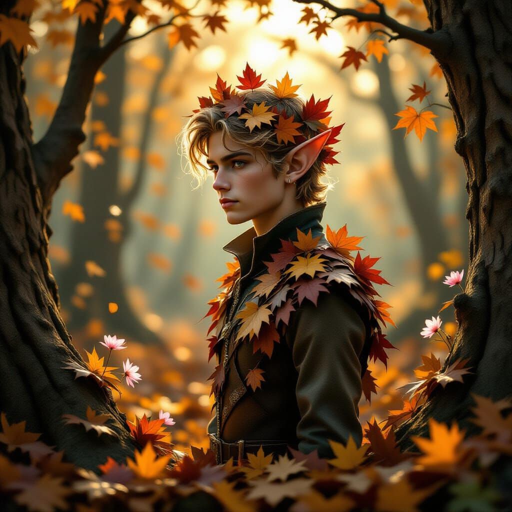 Surreal Elf of Autumn Leaves and Flowers
