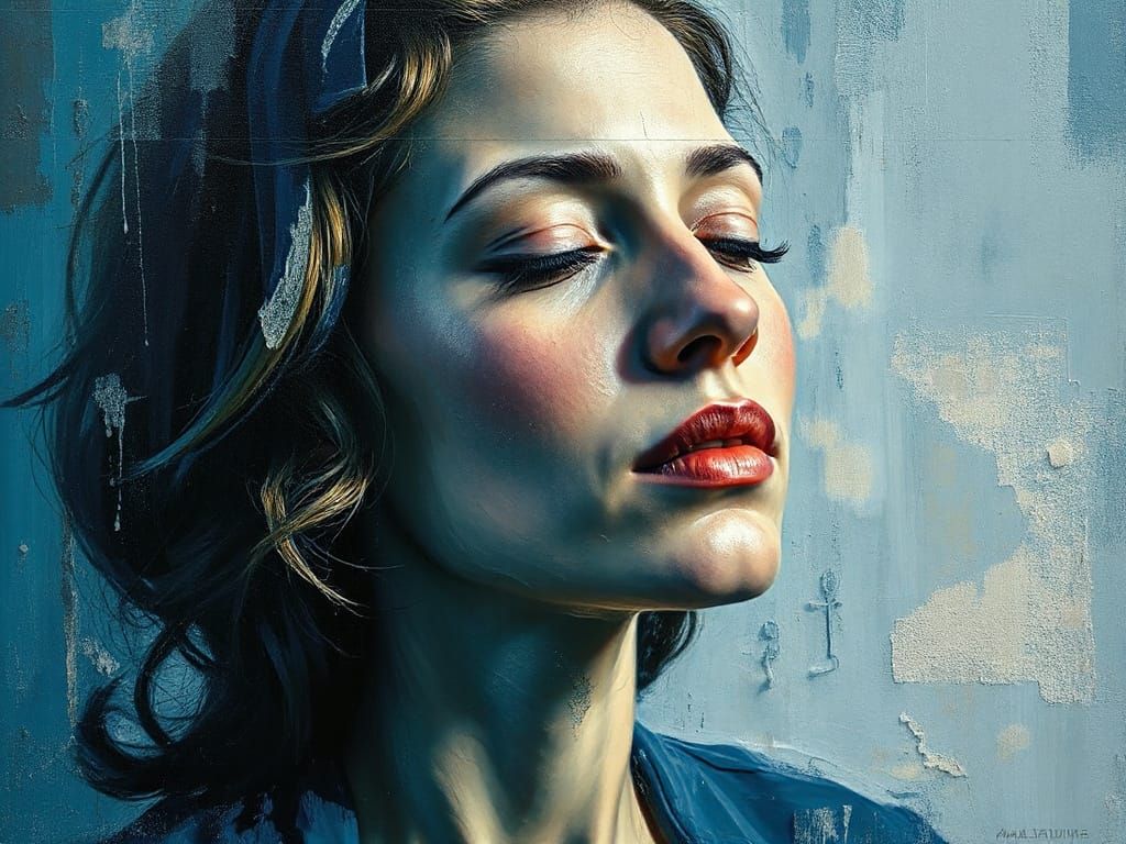 Impasto Oil Portrait of a Serene Woman, Blue and White Palet...