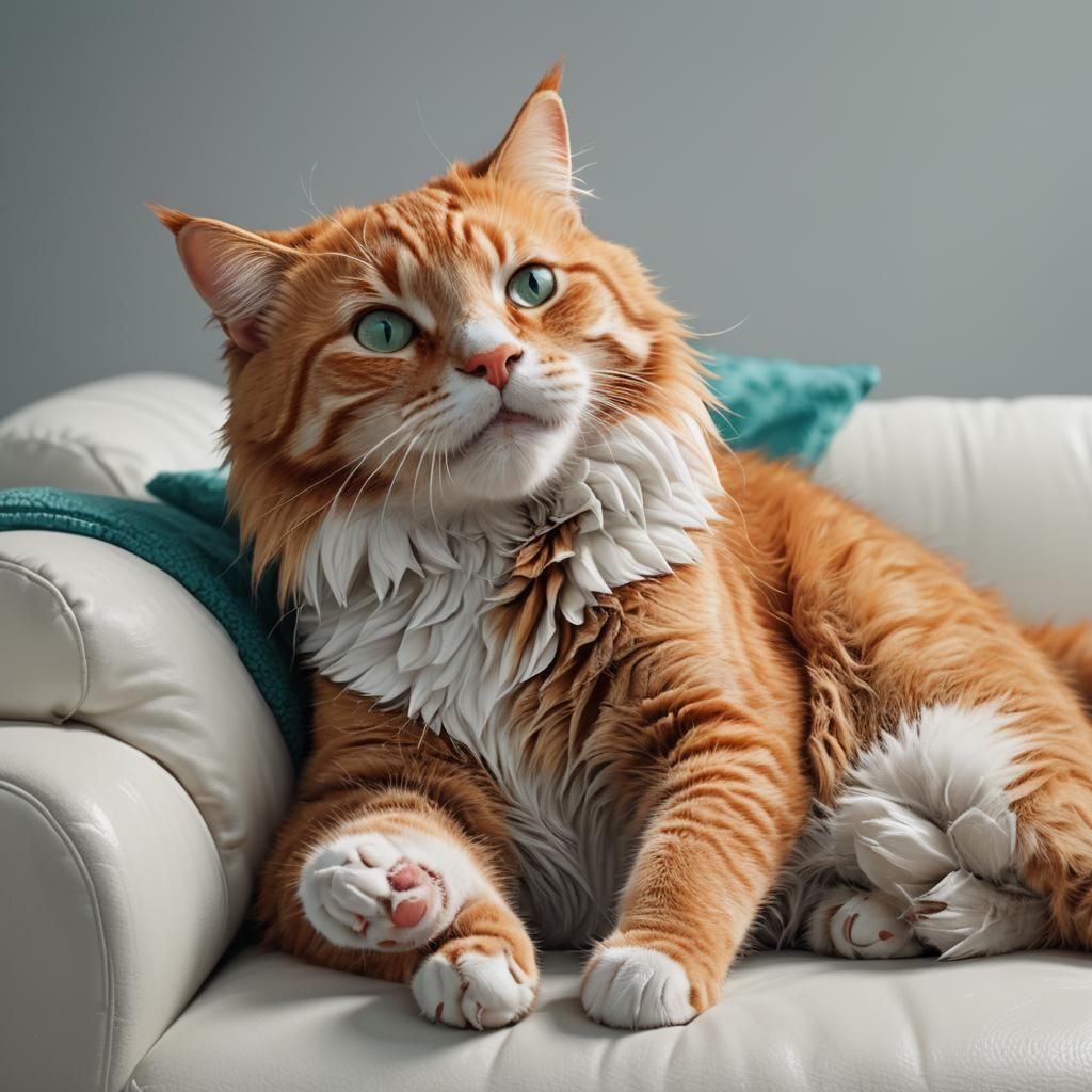 Orange Tabby Cat Portrait on White Couch