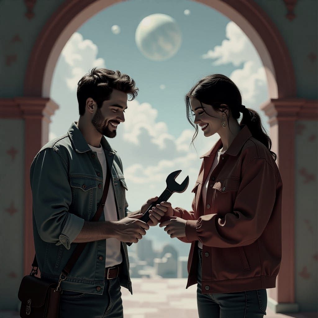 Surreal Sci-Fi Neighbors Share Tools in Dali Style