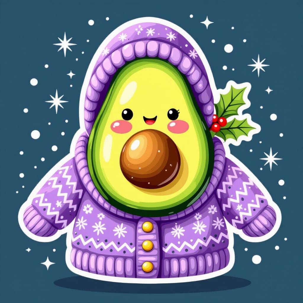 Festive Avocado Sticker with Lila Cardigan