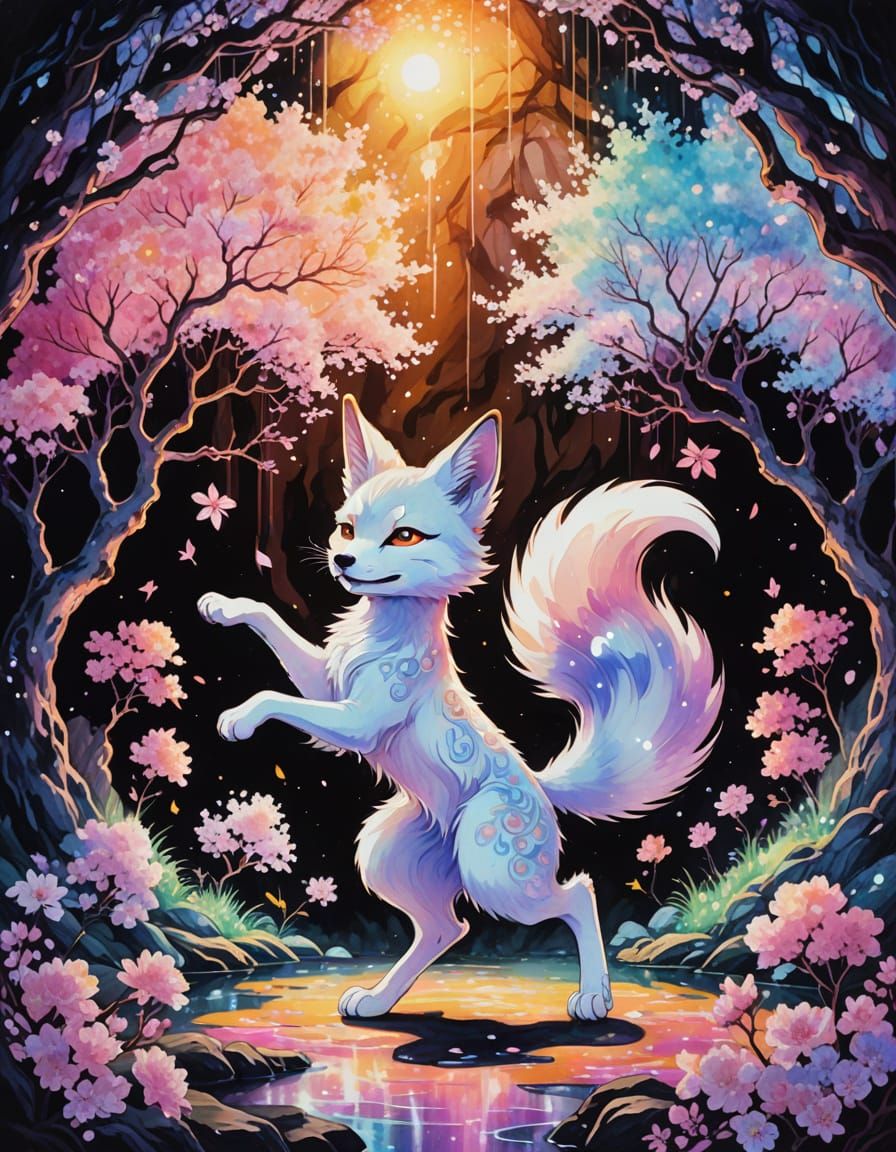 Radiant Kitsune Dances in Psychedelic Anime Style