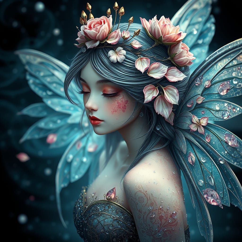 Ethereal Fairy in Shimmering Dark Landscape with Crystal Ros...