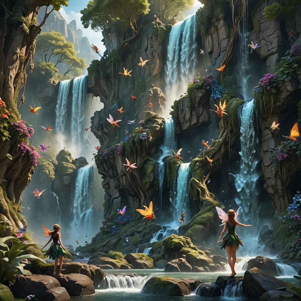 Fairies Play by Waterfall: Detailed Matte Painting