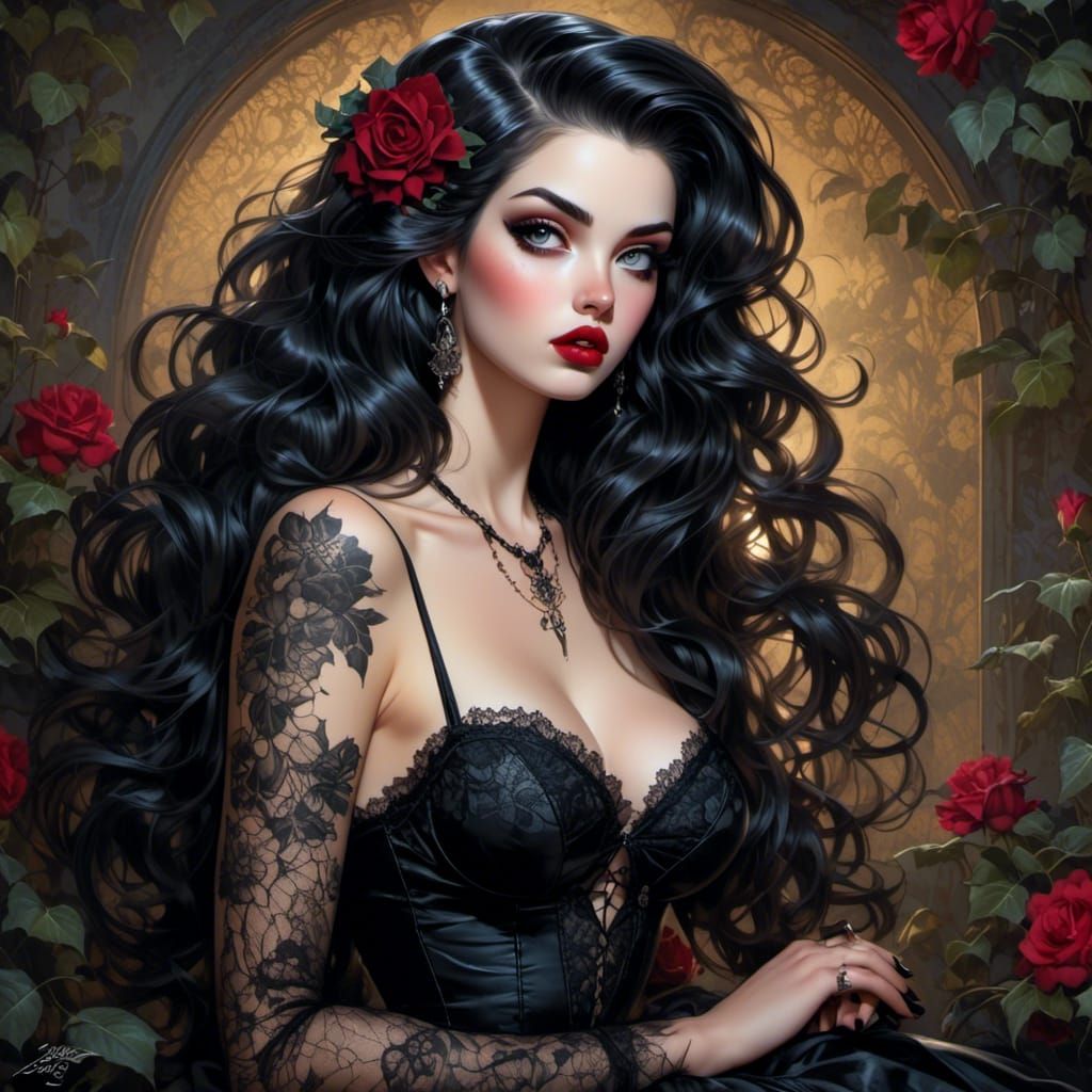 Gothic Pinup in Boudoir with Long Black Hair