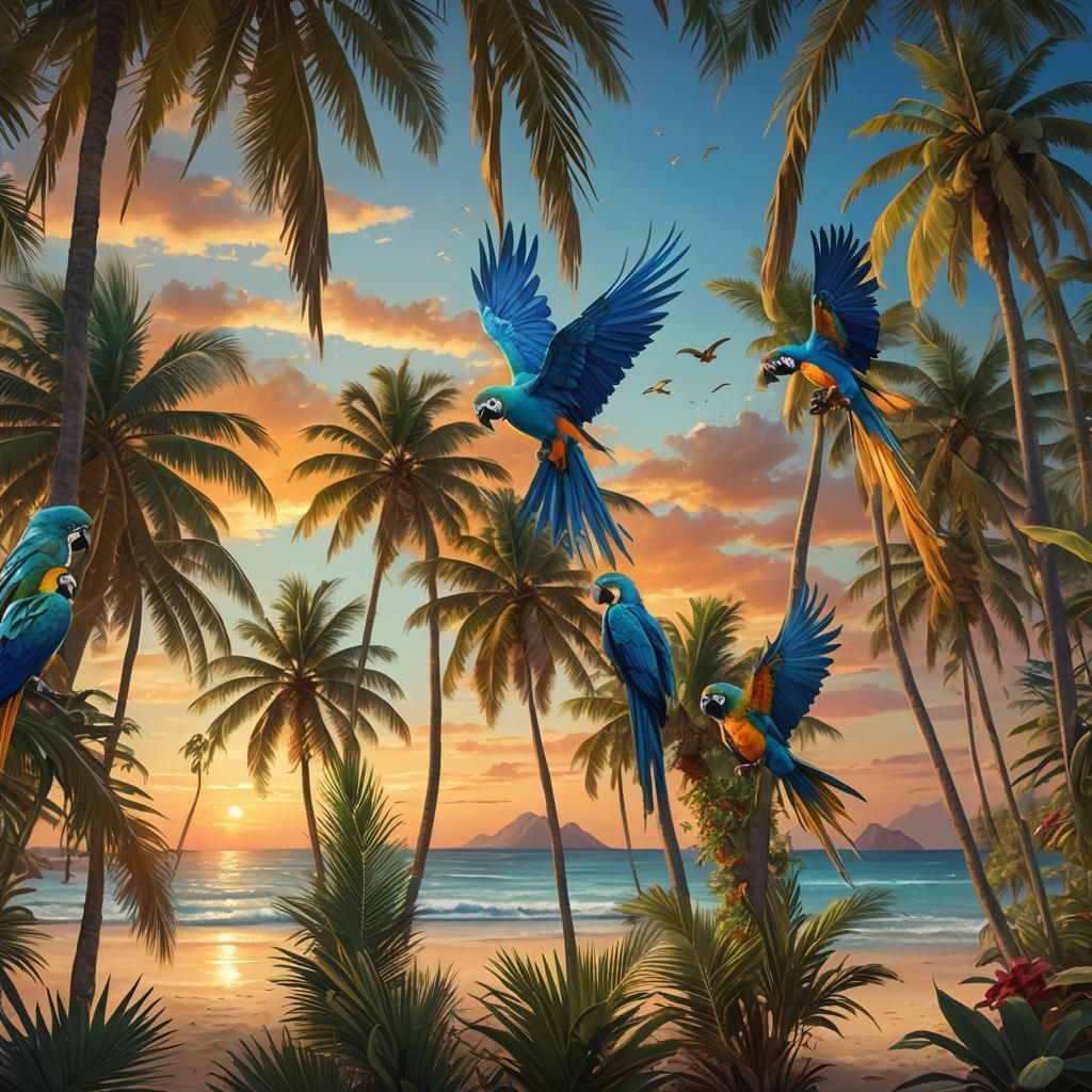 Tropical Beach Sunset in Vibrant Fantasy Art Style