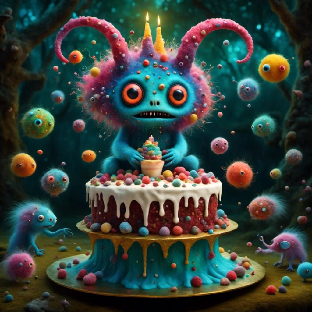 Whimsical Creature Eating Cake in Playful Style