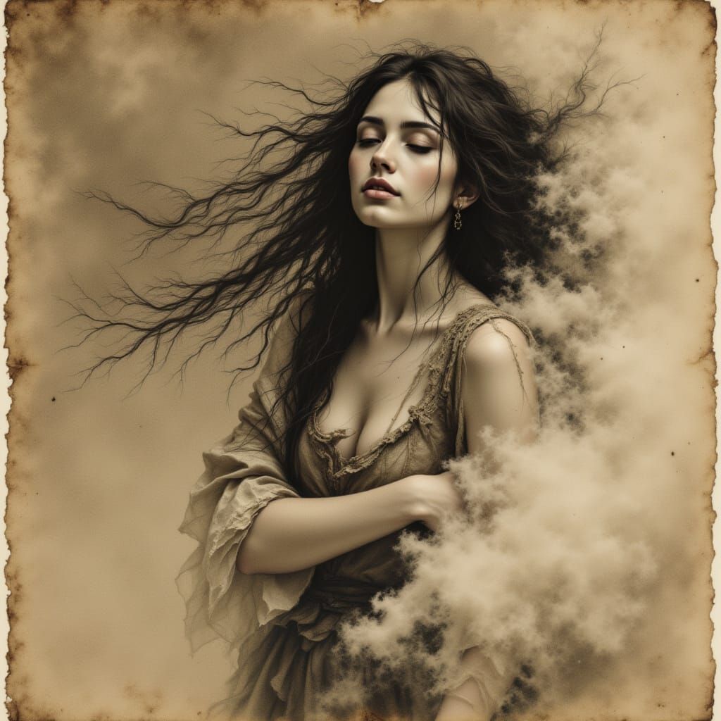 Sepia Figure Dissolving in Photogravure Style