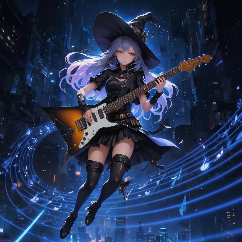 Cyberpunk Witch with Electric Guitar in Anime Style