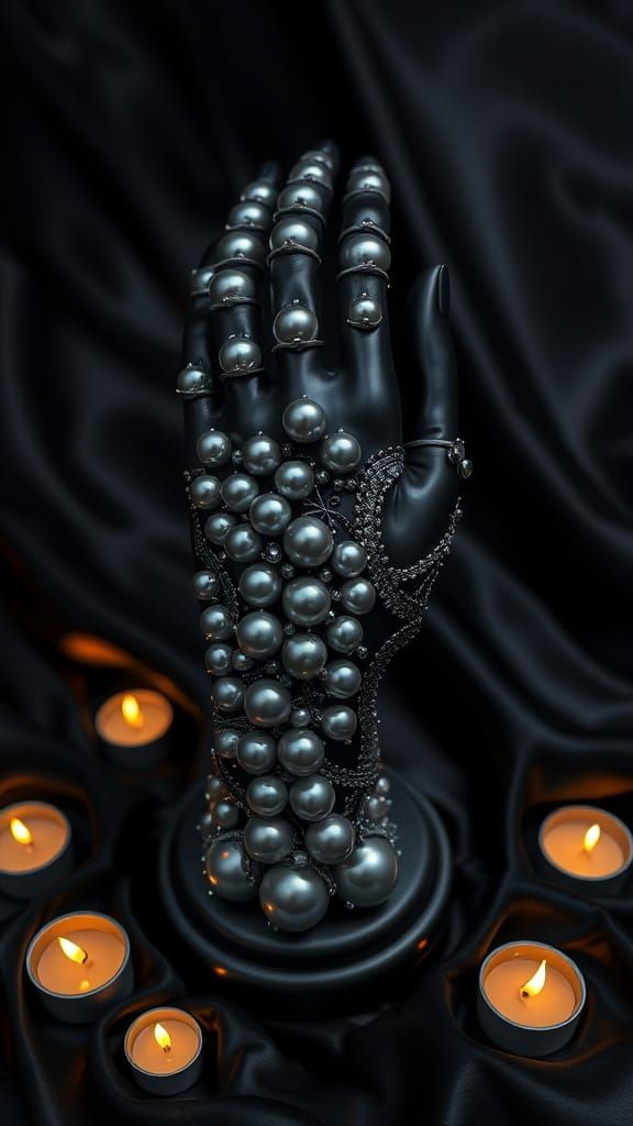 Pearl Hand Sculpture on Black Satin Cloth