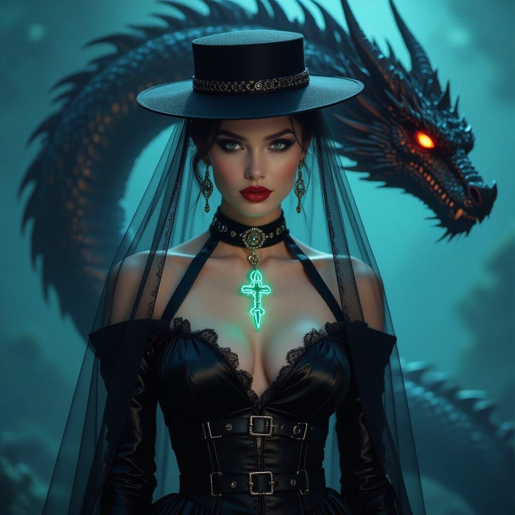 Brunette in Pillbox Hat with Dragon, in Cyberpunk Style