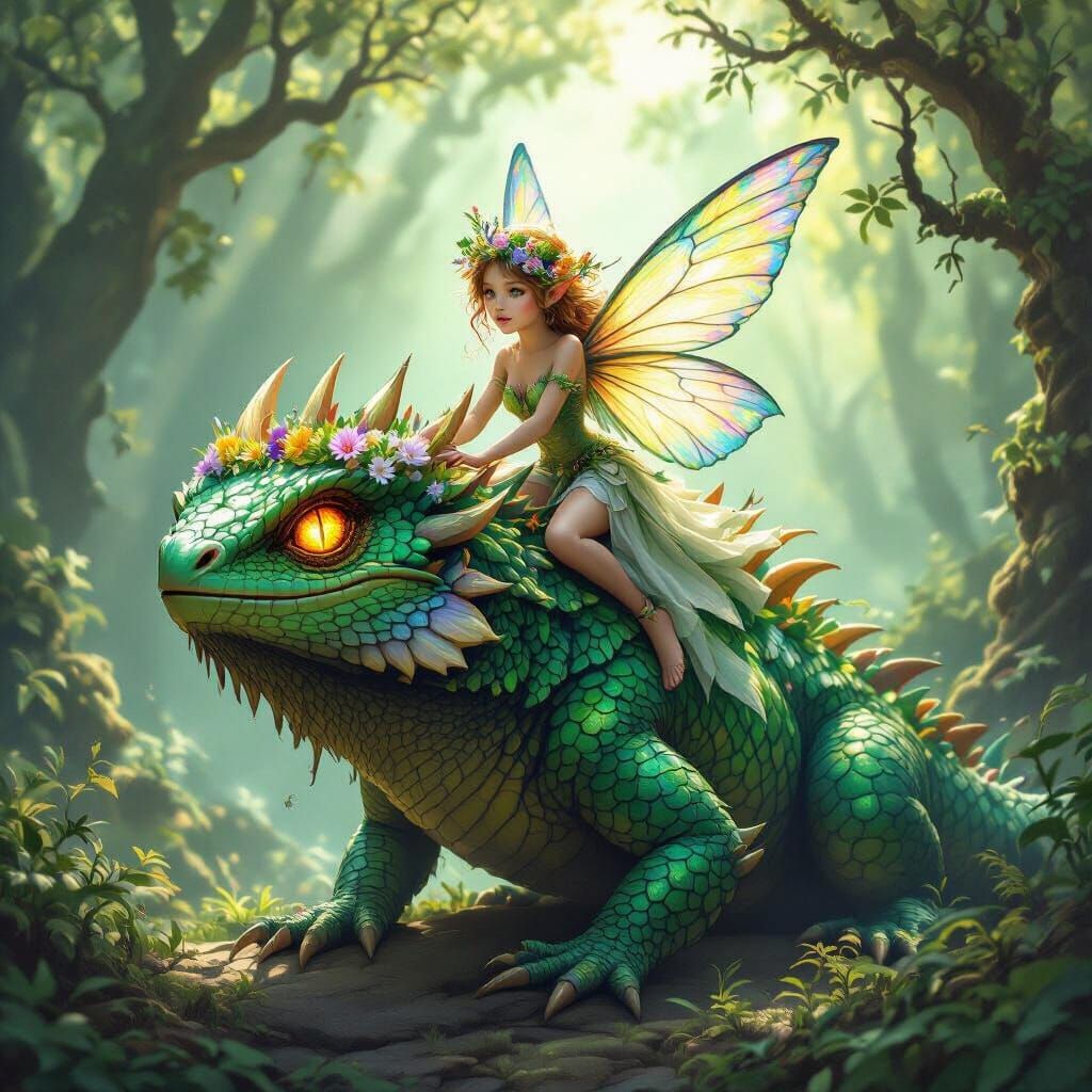 Fairy Rider on Jewel-Toned Basilisk in Sunlit Forest