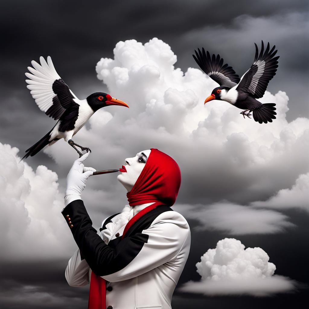 Surreal Mime and Bird on Chessboard in Monochrome