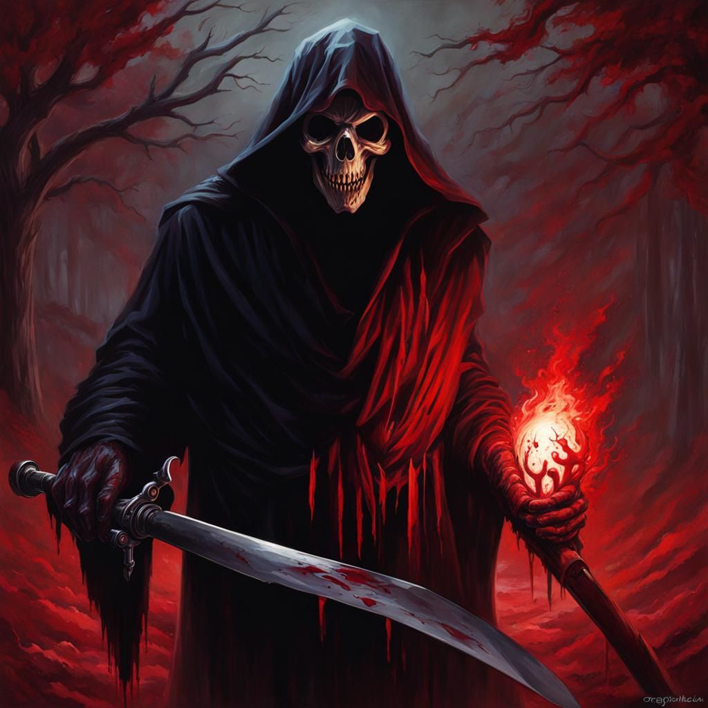 Sinister Halloween Reaper in Gory Horror Scene