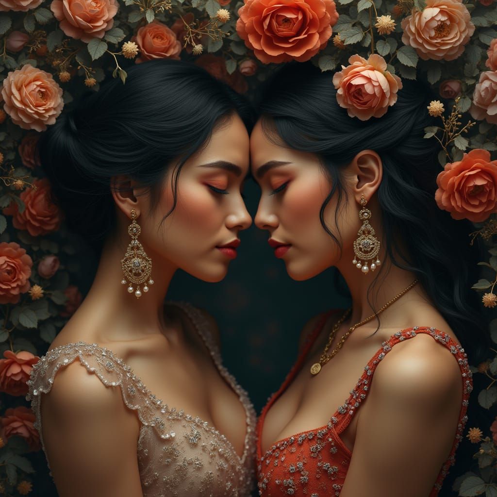 Mysterious Couple in Jewel-Adorned Floral Scene