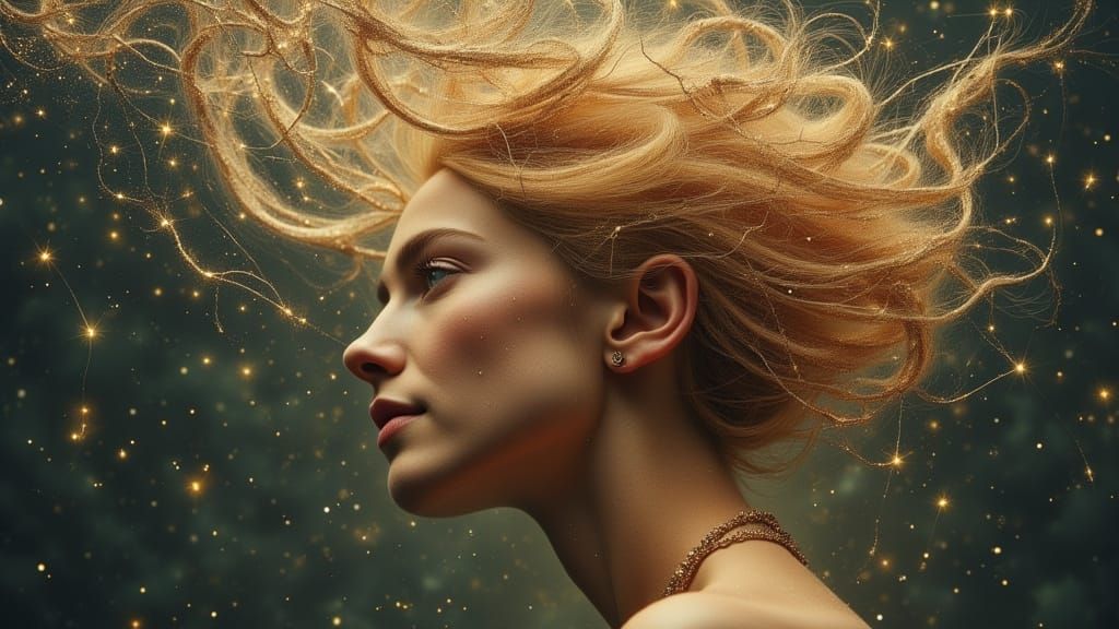 Celestial Woman with Constellation Hair in Dark Oil Paint