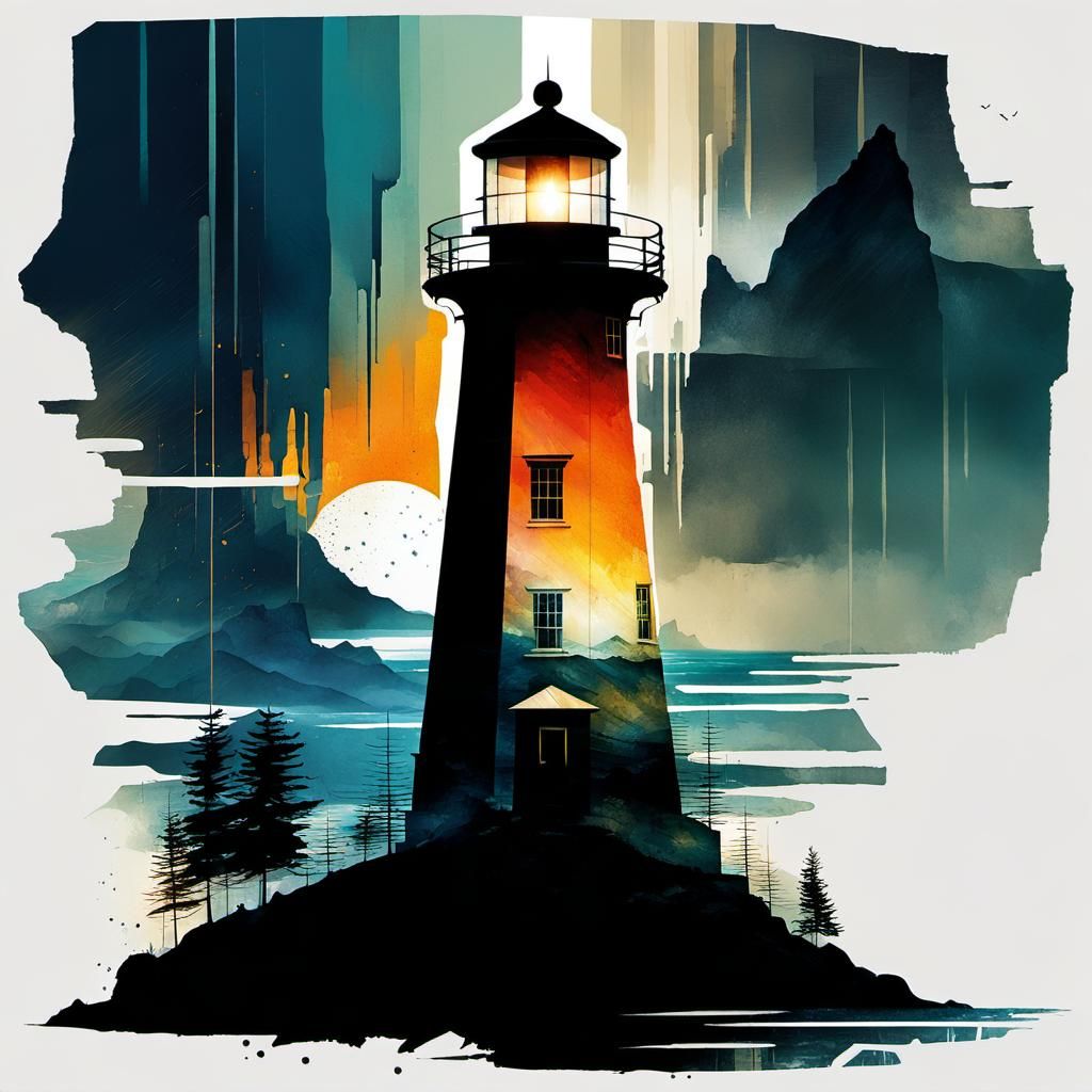 Abstract Lighthouse on Coast in Double Exposure Style