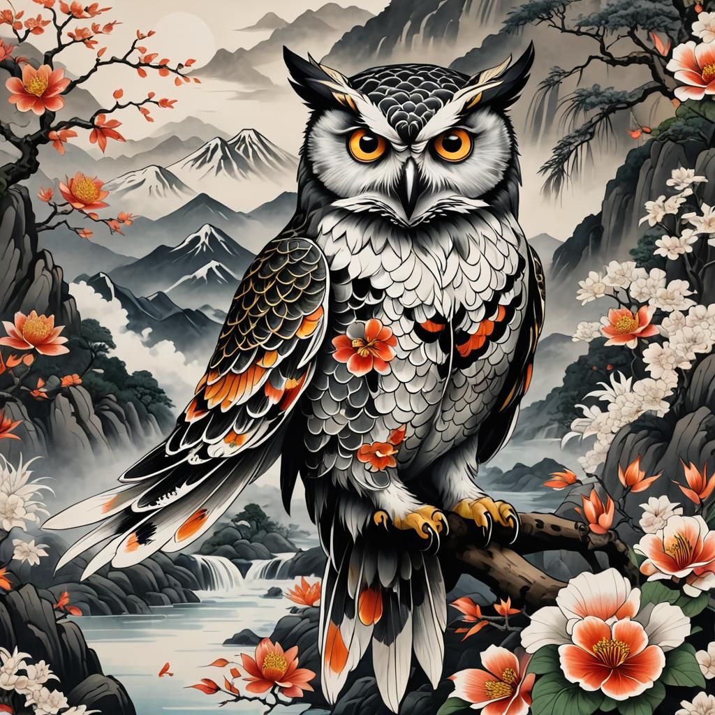 Polynesian Owl with Koi Fish and Chinese Landscape