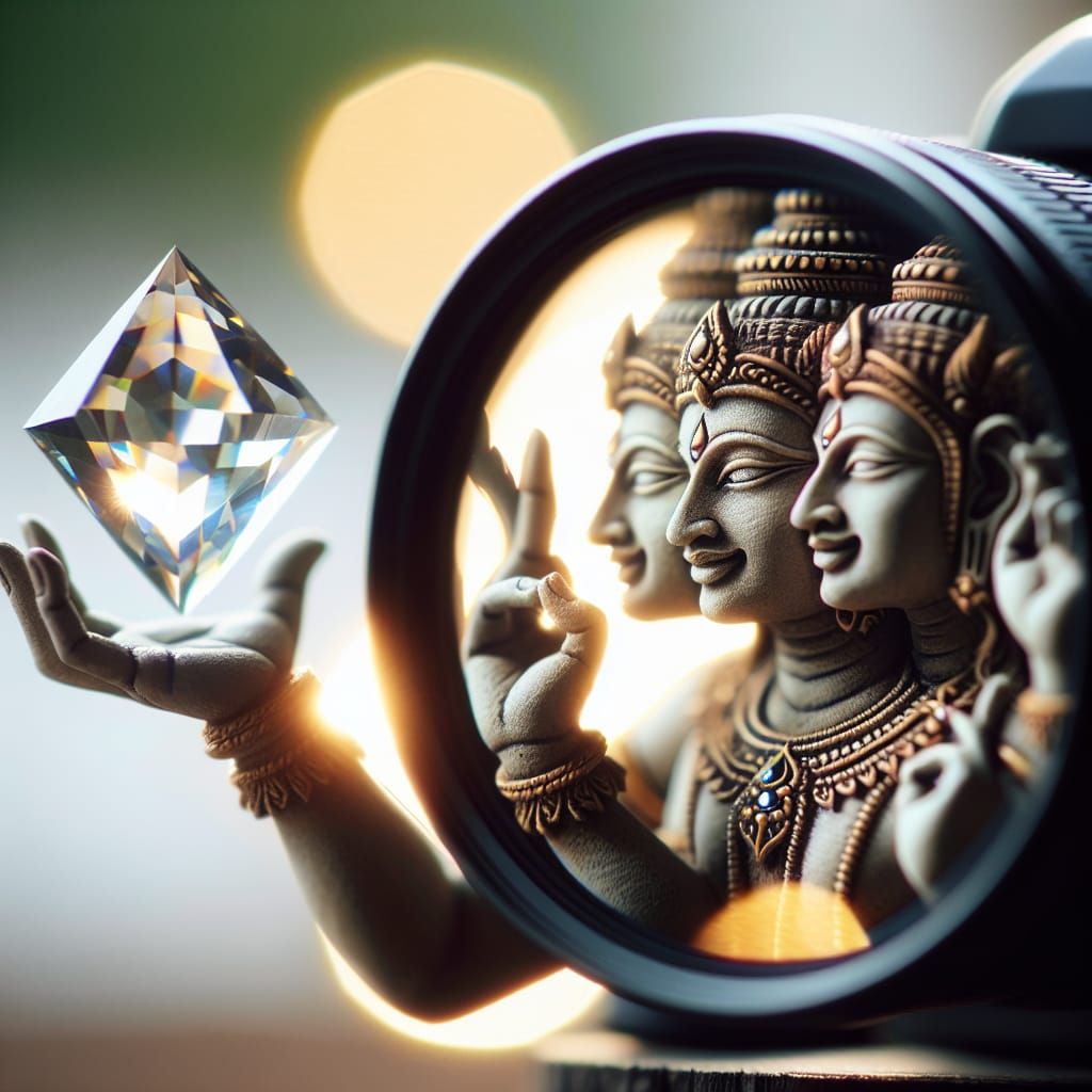 Tri-Faced Deity Juggling a Crystal Pyramid