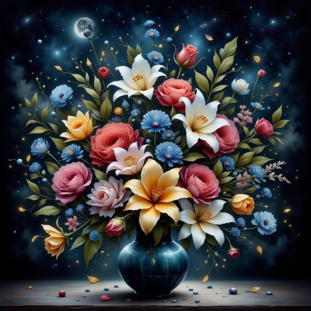 Roses and Lilies in Dreamy Ink Style