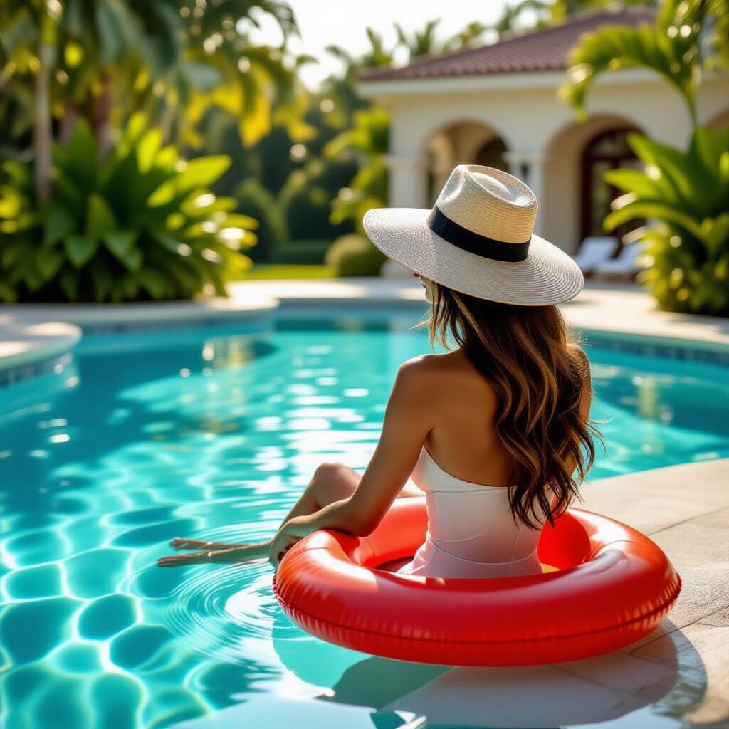 Woman in Hat by Sparkling Pool During Golden Hour