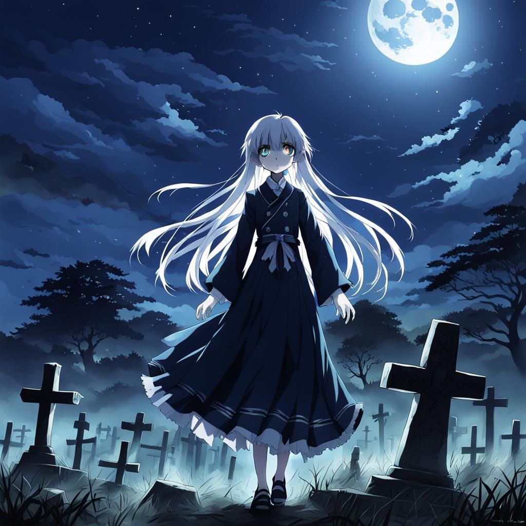 Graveyard Awakening Under Full Moon: Anime Style