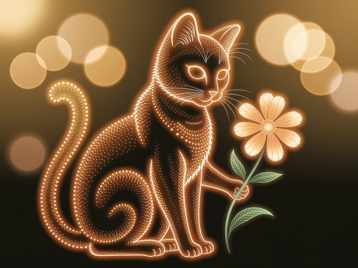Whimsical Glowing Cat with Enchanted Flower