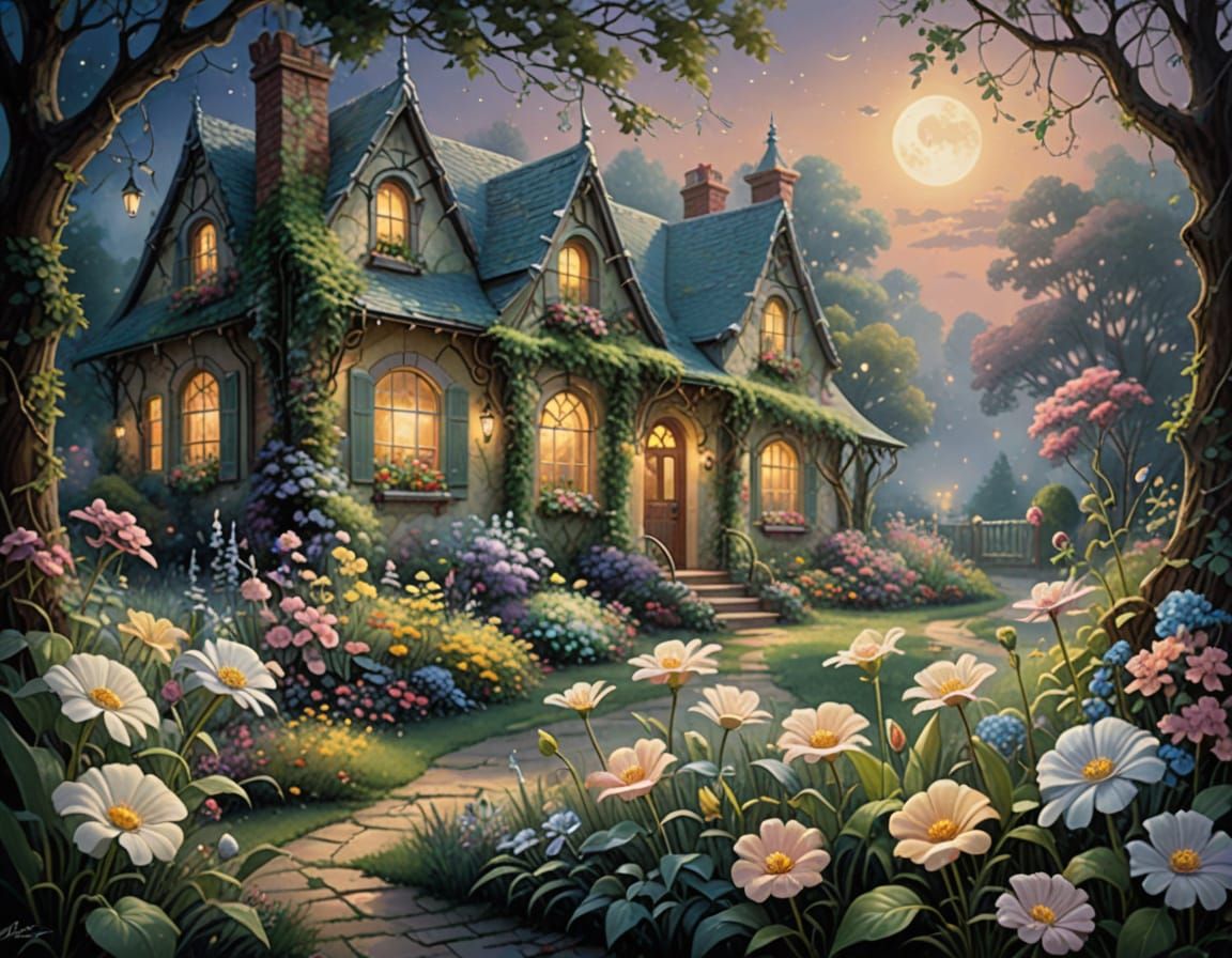 Dreamy Moonlit Garden in Soft Pastels