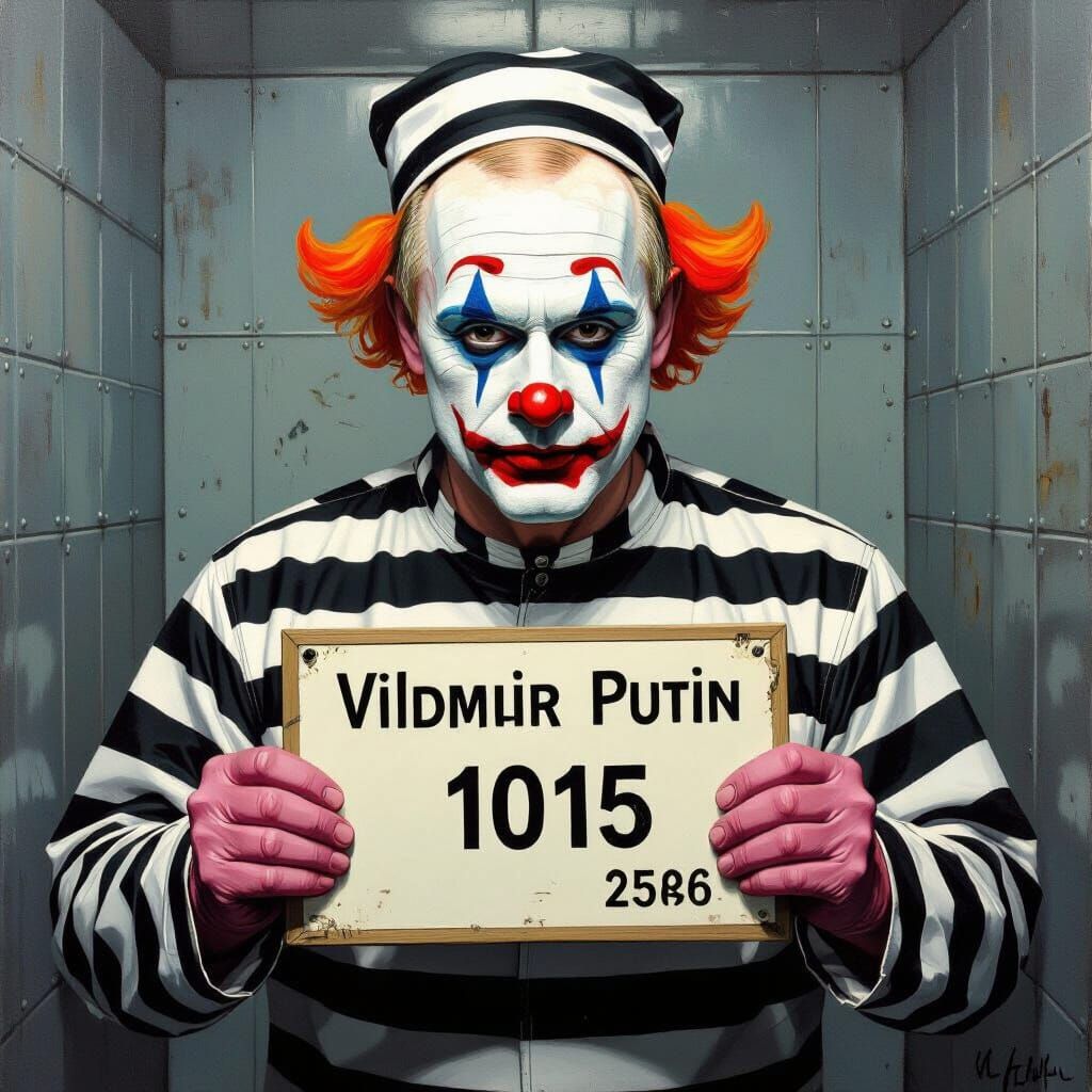 Surreal Clown Putin Mugshot in Prison Uniform