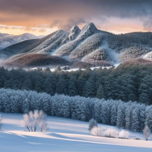 Winter Storm Over Snowy Mountains at Sunset