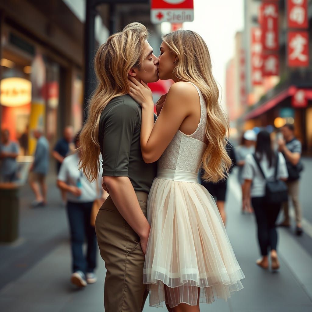 Elegant Crossdressing Couple in Vibrant City Scene