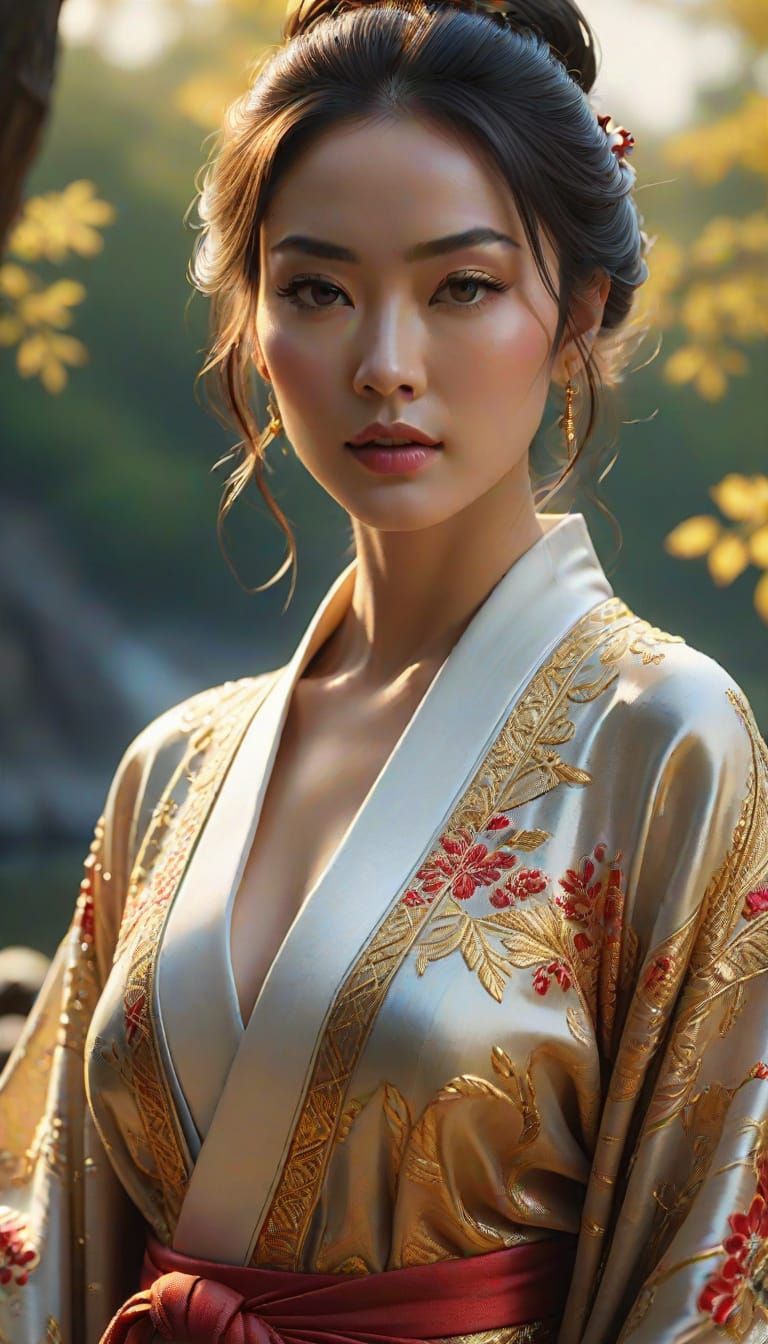 Woman in Gold Embroidered Kimono, Hudson River School Style