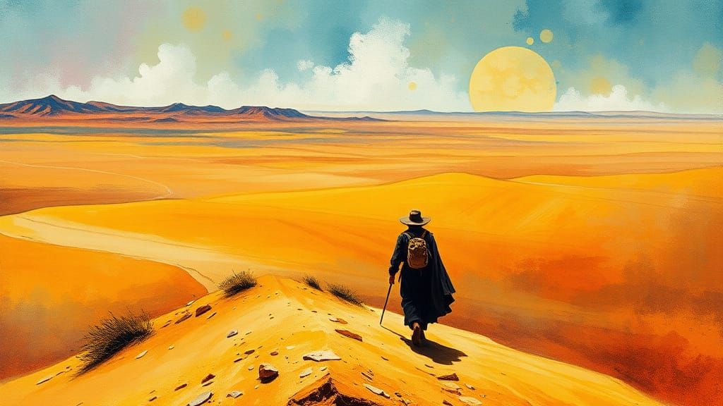 Mystical Gypsy Trekker in Surreal Desert Landscape