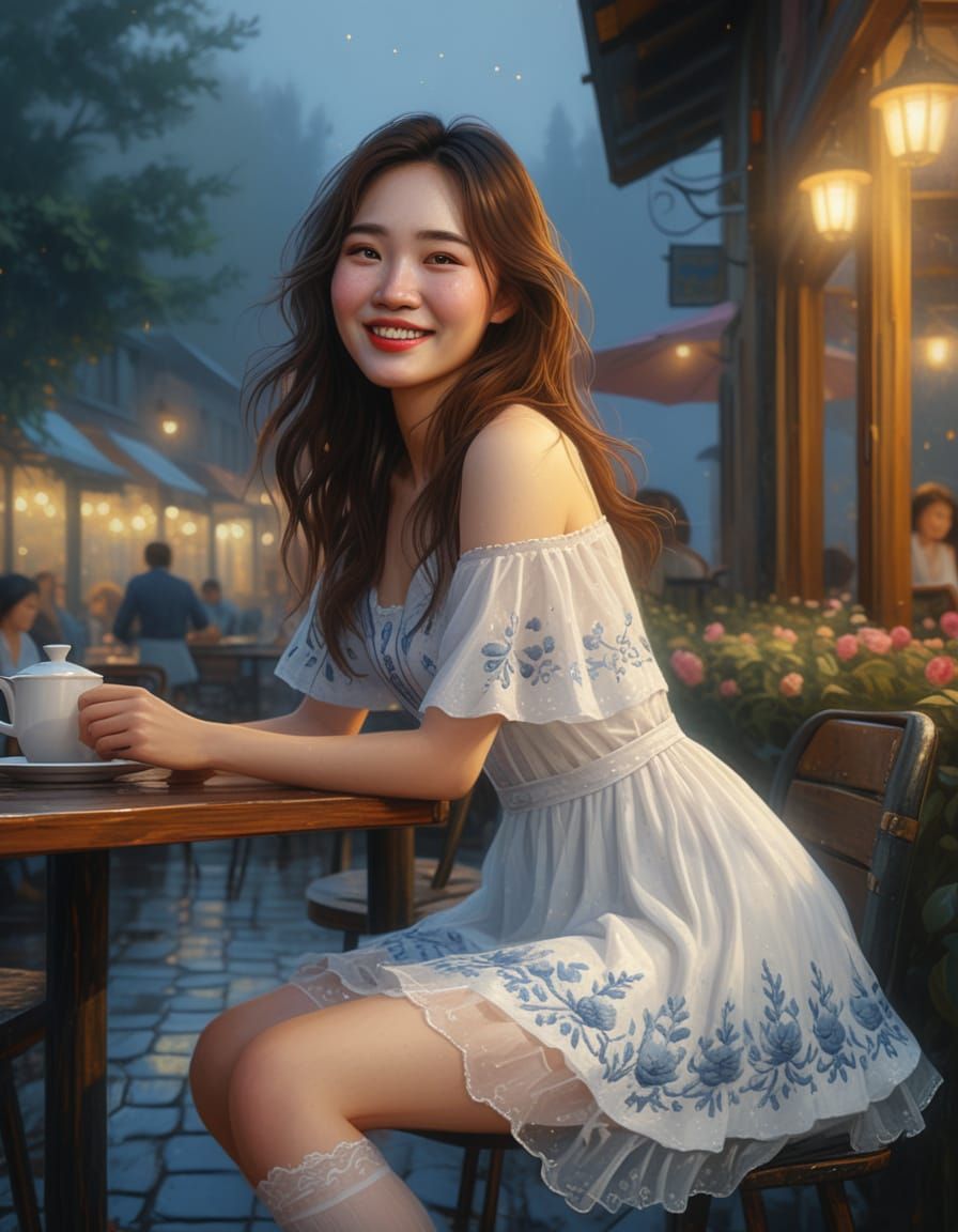 Korean Woman in Cafe: Romantic Realism Film Still