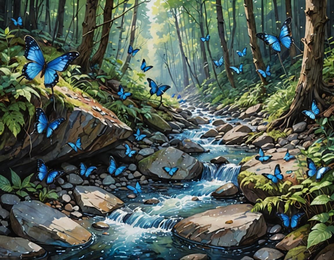 Jewel Blue Stream in Forest, Watercolor Style