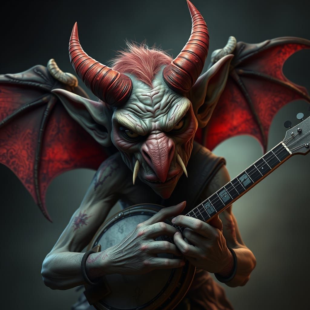 Dark Fantasy Demon Plays Banjo in Vivid Matte Painting