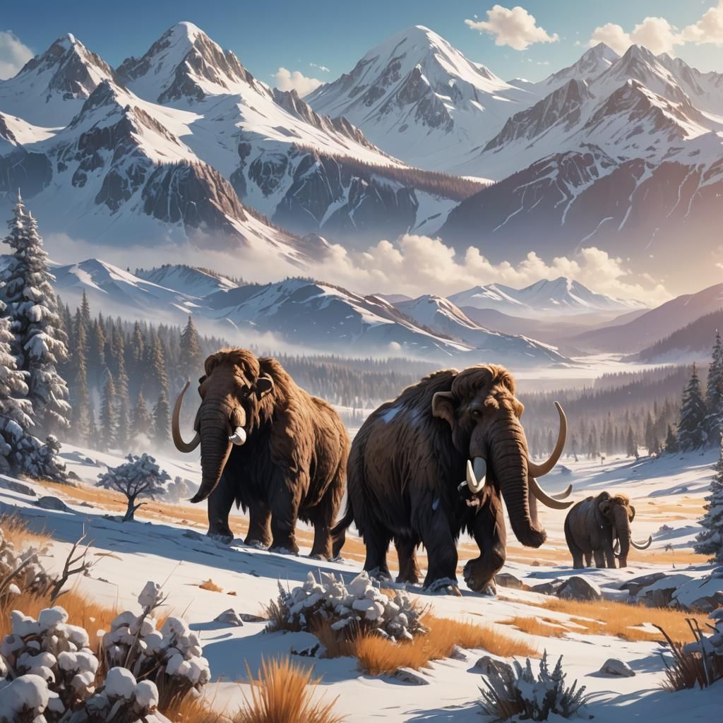 Woolly Mammoths in Snowy Landscape, Anime Inspired