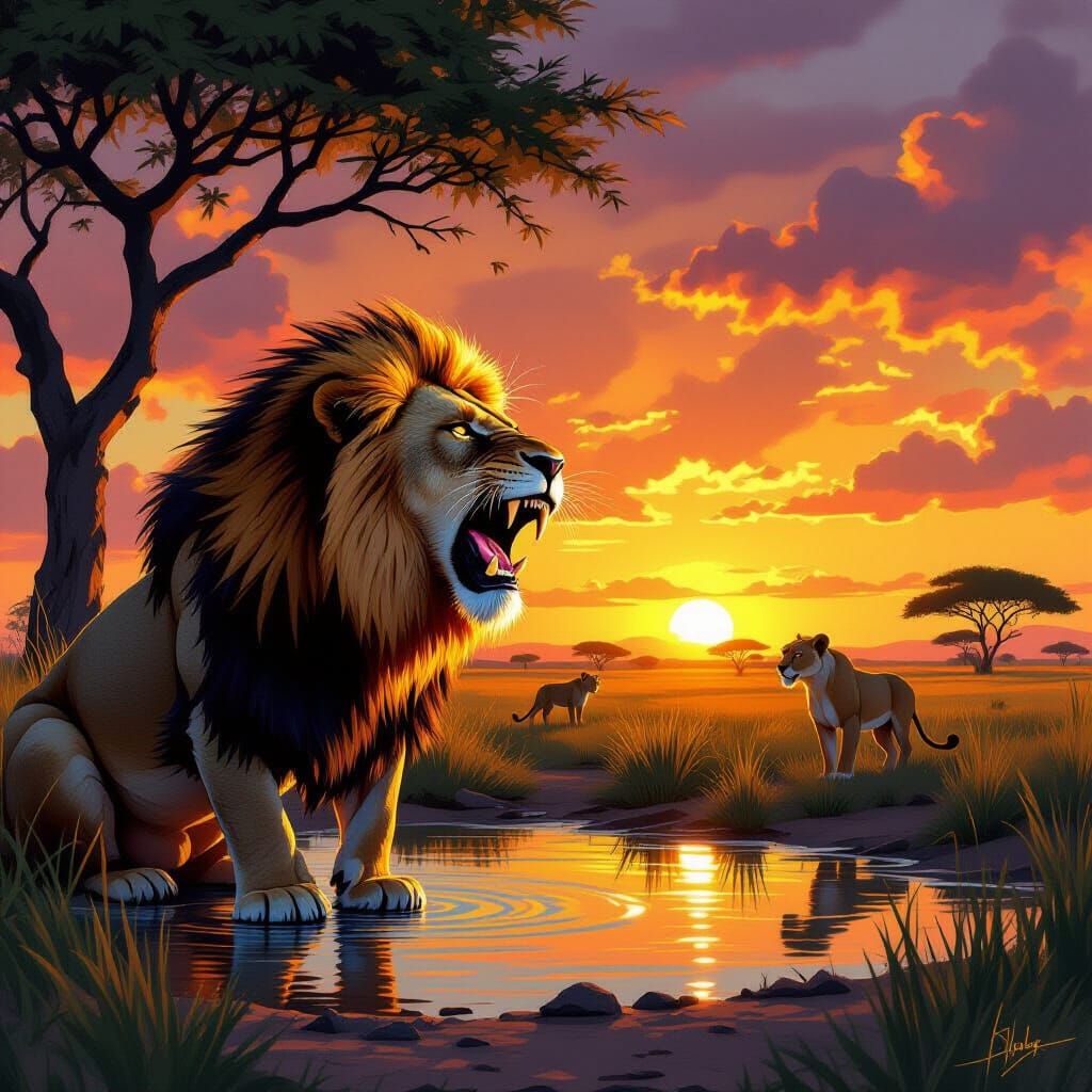 Scar-Faced Lion Roaring at Watering Hole