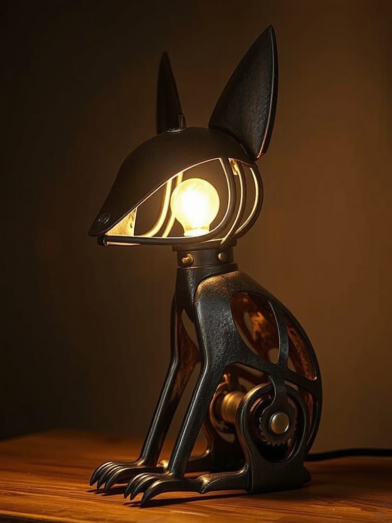 Scrap Metal Fox Bedside Lamp: Steampunk Sculpture